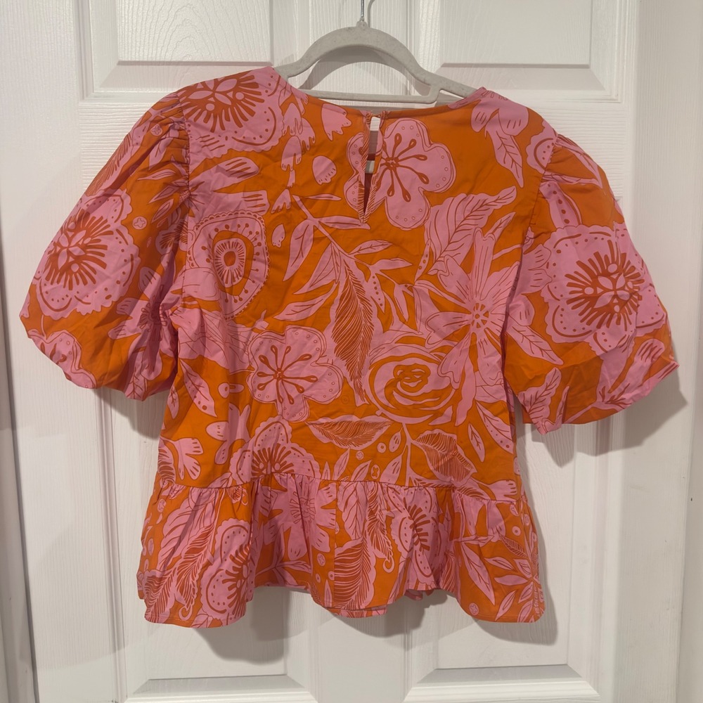 Melloday Womens Pink Orange Floral Puff Sleeve Peplum Tie Front Blouse Large - Picture 7 of 7
